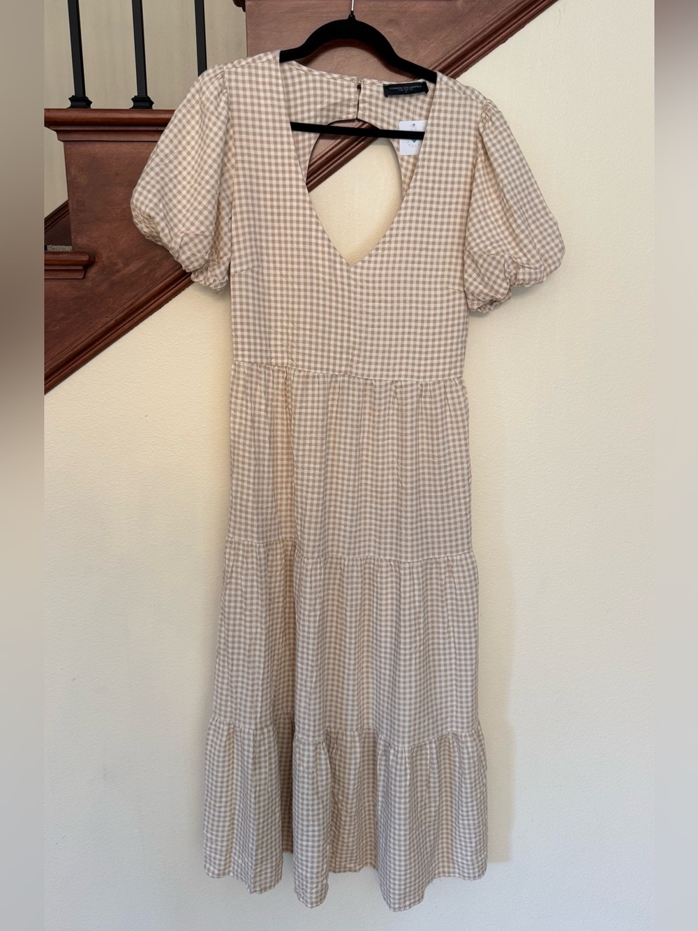 Beige Gingham Tiered Maxi Dress with Puff Sleeves
